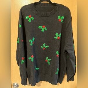 NWOT | SHEIN - Black Sweater with Sequin Green and Red Holly Design